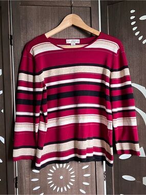 Casual Corner Burgundy Multi-Stripe Long Sleeve Tee